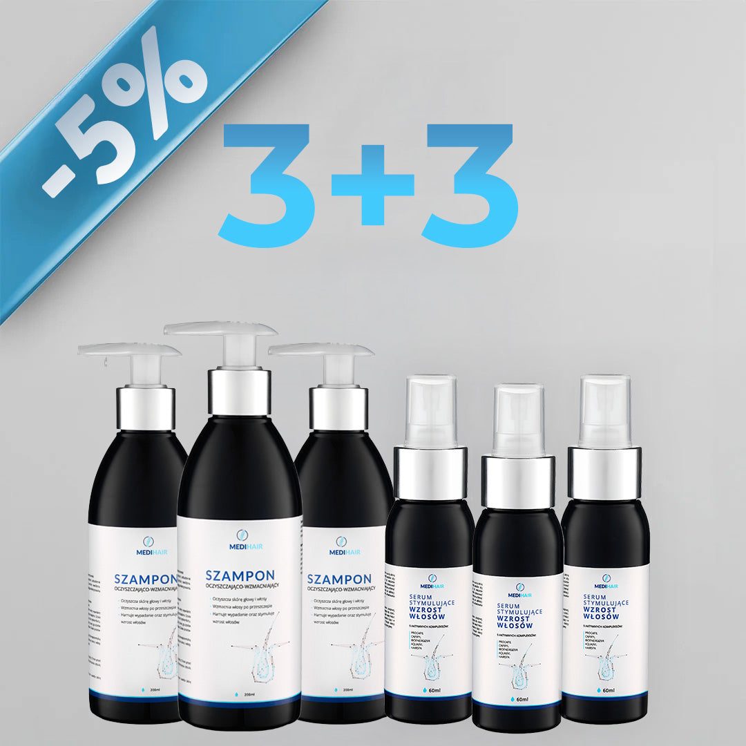 Pakiet Medihair© na 3 miesiące: 3 szampony +3 serum (6 produktów)